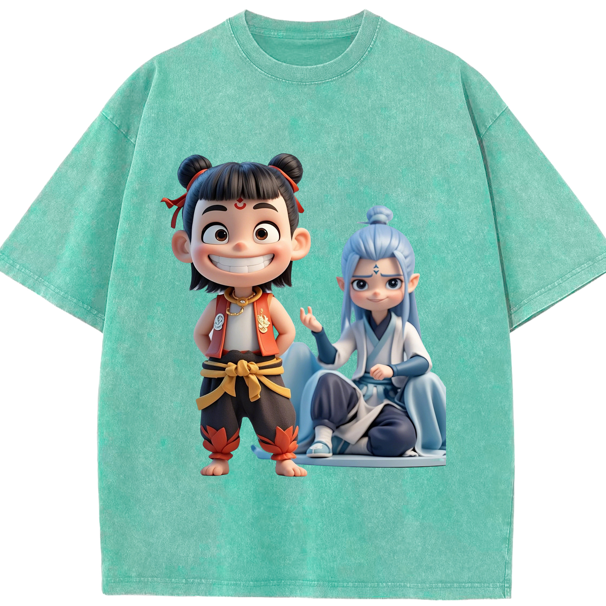 （画像用） Ne Zha 2 ナタ 魔童の大暴れ 綿100% ヴィンテージ風 半袖Tシャツ（フロントプリント）